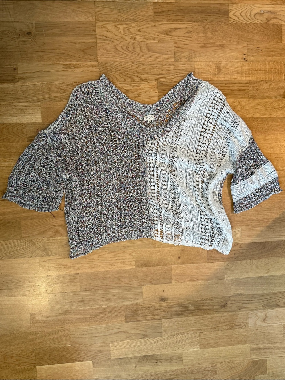 POL Mixed-Knit V-Neck Short Sleeve Oversized Sweater with Crochet Knit and Lace